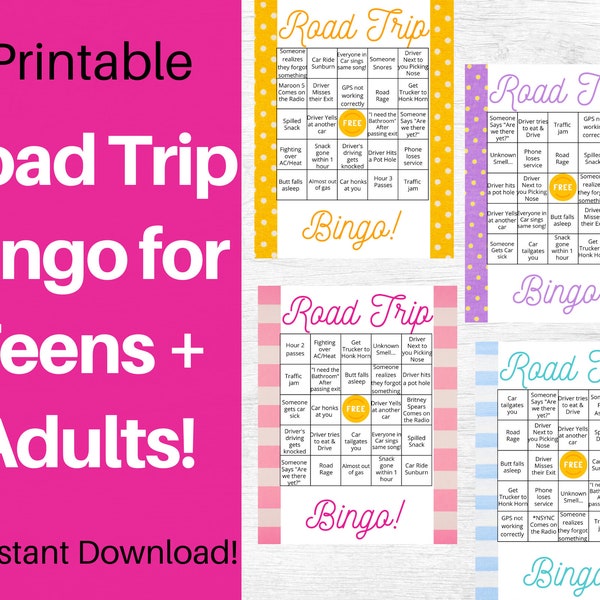 Road Trip Bingo. Road Trip Games. Road Trip Activities. Road Trip Printable. Bingo Game. Bingo Board. Car Games. Road Trip Gift. Car Trip.