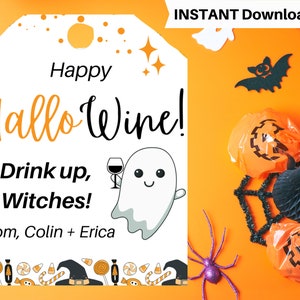 Rótulo de vinho de Halloween. Feliz Dia das Bruxas. Etiqueta de vinho de Halloween. Rótulos de garrafas de vinho de Halloween. Tags de vinho editáveis. Etiquetas de vinho para impressão. Customizar