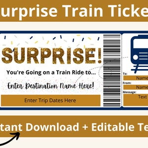 Instapkaart voor de trein. Sjabloon voor treinkaartjes. Treinrit cadeau. Treinstationkaartje. Treinreizen. Trein vakantie. Afdrukbare voucher