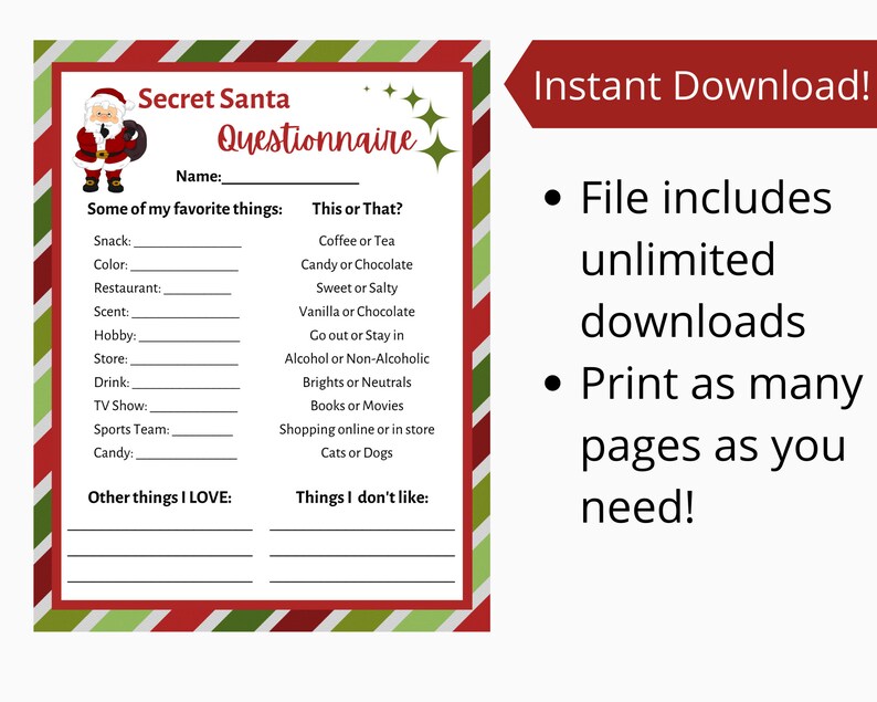 Secret Santa Questionnaire Printable. Secret Santa Form. - Etsy