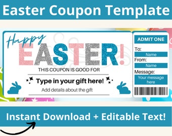 Easter Coupons Printable. Printable Easter Gift Card. Easter Ticket. Coupons for kids. Coupons for Teens. Coupon Book. Editable Text