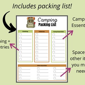 May include: A printable camping packing list checklist with sections for clothing, toiletries, camp essentials, and other essentials. The checklist is designed to help campers pack for their trip.
