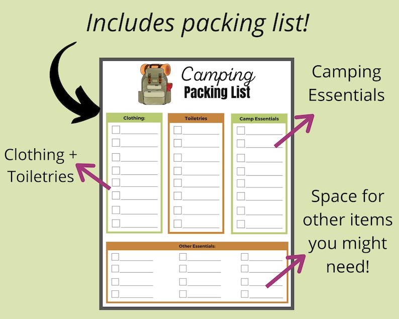 May include: A printable camping packing list checklist with sections for clothing, toiletries, camp essentials, and other essentials. The checklist is designed to help campers pack for their trip.