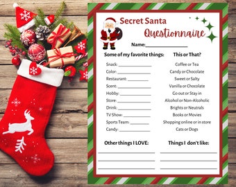 Secret Santa Questionnaire Printable, Christmas Gift Exchange Form, Office Holiday Party, Wish List, Instant Download PDF