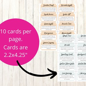 May include: A set of 10 printable date night cards, each featuring a different activity idea. The cards are 2.2 x 4.25 inches and have a peach background with white text. Some of the activities include: Sundae Feast, Karaoke Night, Inside Picnic, Game Night, Reorganize, Dance Lessons, Bake-Off, Puzzle Time, Movie Night Ghost Tour, Go Karting, Zoo, Backyard Camping, Watch the Sunset, Line Dancing, and Library Date.