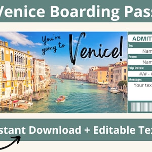Viagem surpresa a Veneza. Cartão de embarque na Itália. Bilhete Itália. Férias na Itália. Viagem à Itália. Veneza Viagens. Passaporte Itália. Cartão Itália. Imprimível