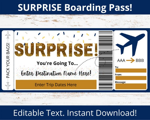 Surprise Travel. Surprise Vacation Printable Boarding Pass Template ...