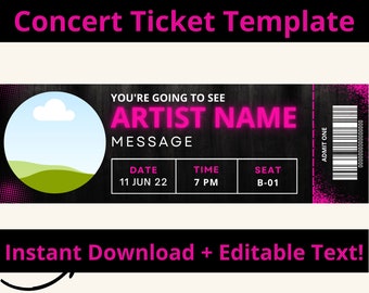 Concert Ticket Template Printable, Surprise Birthday Concert Gift, Editable Show Ticket Voucher, Gift Certificate, Download
