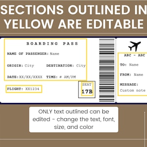 K&ouml;nnte beinhalten: Eine gelbe, umrandete Boarding-Pass-Vorlage mit editierbaren Feldern f&uuml;r Name, Abflugort, Zielort, Datum, Uhrzeit, Flugnummer, Sitzplatznummer, Fluggesellschaft, nach, von und eine benutzerdefinierte Nachricht.