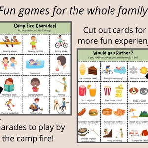 Peut inclure: Un jeu de cartes imprimable pour un jeu familial de "Plut&ocirc;t que..." et "Charade du feu de camp". Les cartes pr&eacute;sentent des illustrations de diverses activit&eacute;s et choix, tels que la cr&egrave;me glac&eacute;e ou le g&acirc;teau, le v&eacute;lo ou la natation, et la lecture d'un livre ou la consommation de cr&egrave;me glac&eacute;e.