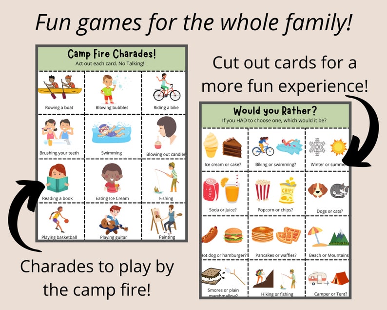 Peut inclure: Un jeu de cartes imprimable pour un jeu familial de "Plut&ocirc;t que..." et "Charade du feu de camp". Les cartes pr&eacute;sentent des illustrations de diverses activit&eacute;s et choix, tels que la cr&egrave;me glac&eacute;e ou le g&acirc;teau, le v&eacute;lo ou la natation, et la lecture d'un livre ou la consommation de cr&egrave;me glac&eacute;e.