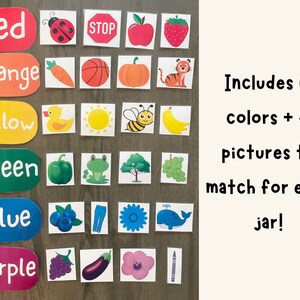 May include: A set of six color matching jars with corresponding images. The colors are red, orange, yellow, green, blue, and purple. Each jar has four images to match, including a ladybug, carrot, duck, bell pepper, blueberries, grapes, and more.