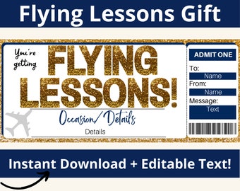 Flying Lesson Certificate. Flying Gift. Flying Airplanes Lessons. Airplane Gifts. Plane Gifts. Learn to Fly. Printable Ticket. Editable