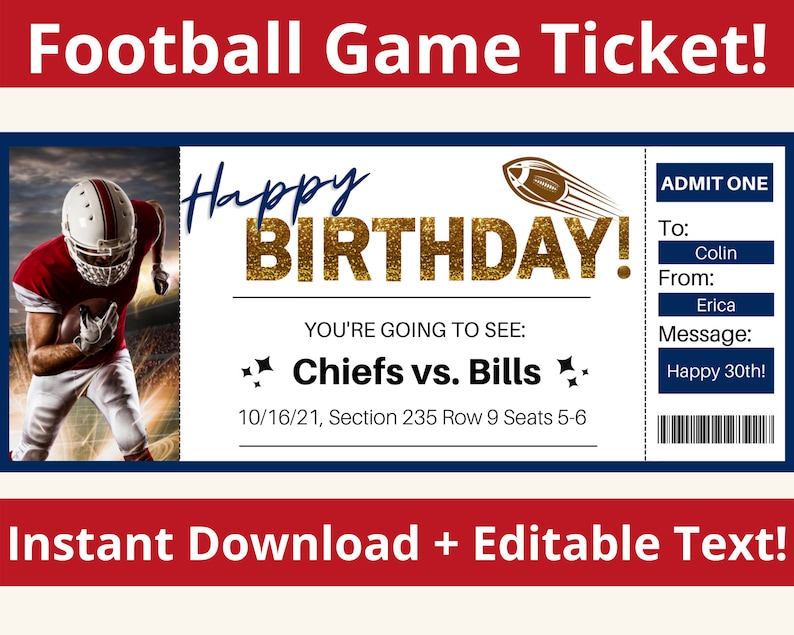 Football Ticket. Football Game Tickets. NFL Ticket Template. Etsy Football Ticket. Football Game Tickets. NFL Ticket Template. Etsy