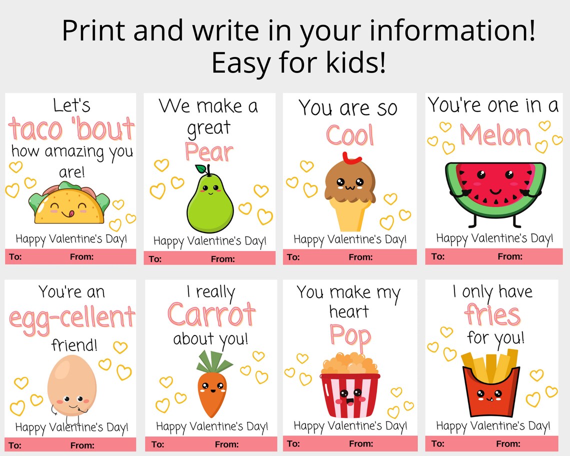Food Valentine. Printable Valentine Cards for Kids. Toddler Valentines ...