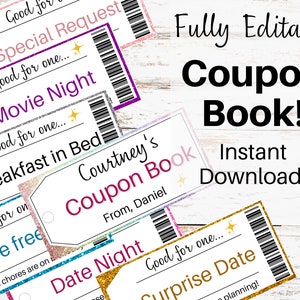 Coupon book template. Printable coupon book. Editable coupon book printable. Coupons for Boyfriend. Coupons for Husband. Love coupon book.