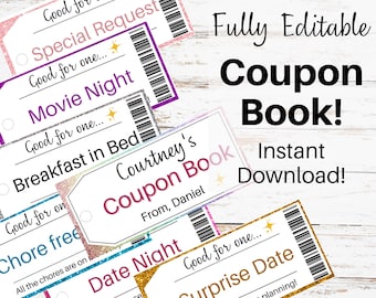 Coupon book template. Printable coupon book. Editable coupon book printable. Coupons for Boyfriend. Coupons for Husband. Love coupon book.