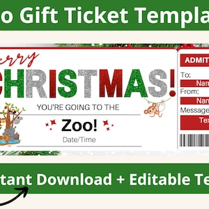 Christmas Zoo Ticket Printable. Zoo Gift Certificate. Zoo Gifts. Zoo Day. Zoo Trip. Zoo Invitation. Editable Printable Zoo Ticket for Kids