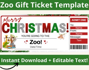 Christmas Zoo Ticket Printable. Zoo Gift Certificate. Zoo Gifts. Zoo Day. Zoo Trip. Zoo Invitation. Editable Printable Zoo Ticket for Kids