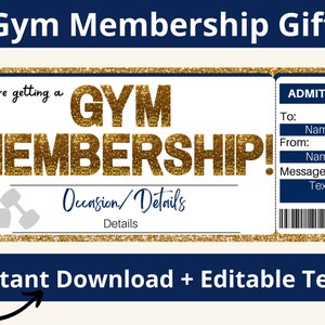 Puede incluir: Un certificado de regalo imprimible para una membres&iacute;a de gimnasio. El certificado est&aacute; decorado con un fondo de brillo dorado y las palabras "Gym Membership!" en letras de brillo dorado. El certificado tiene espacio para el nombre del destinatario, el nombre del donante y un mensaje. El texto "Instant Download + Editable Text!" est&aacute; en la parte inferior del certificado.