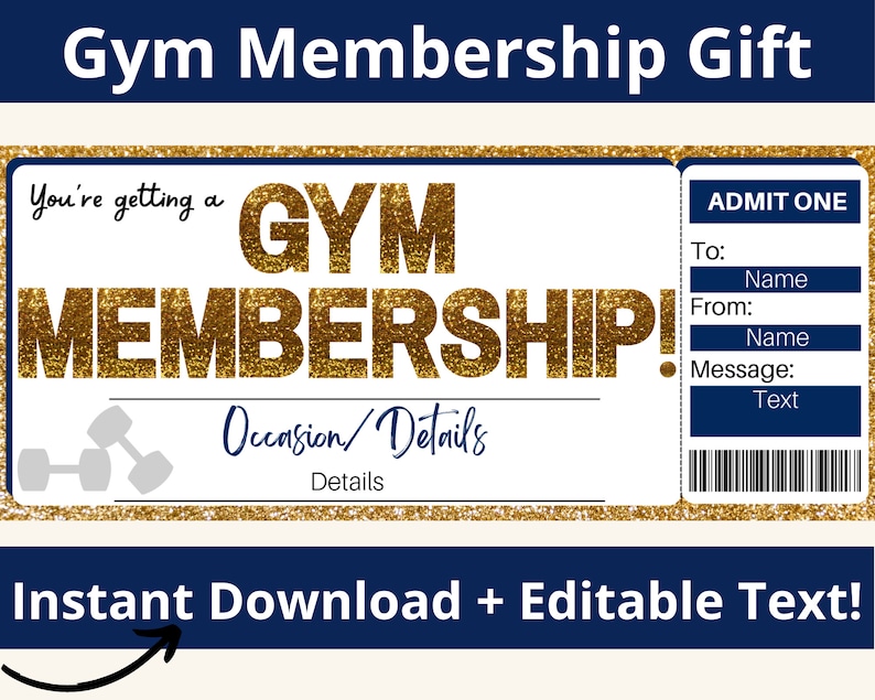 Puede incluir: Un certificado de regalo imprimible para una membres&iacute;a de gimnasio. El certificado est&aacute; decorado con un fondo de brillo dorado y las palabras "Gym Membership!" en letras de brillo dorado. El certificado tiene espacio para el nombre del destinatario, el nombre del donante y un mensaje. El texto "Instant Download + Editable Text!" est&aacute; en la parte inferior del certificado.