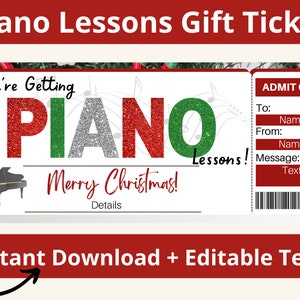 Billet cadeau pour les cours de piano de Noël. Cadeaux de piano pour les étudiants. Cadeau de cours de musique. Coupon imprimable. Billet cadeau modifiable. Bon cadeau