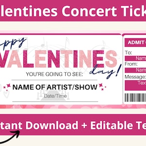 Valentines Concert Ticket. Valentines Ticket. Printable Concert Ticket. Editable Concert Ticket. Printable Tickets. Surprise Concert Ticket.