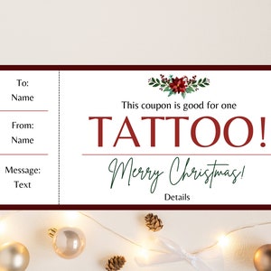 Certificado de regalo de tatuaje de Navidad. Boleto de tatuaje. Tarjeta de regalo de tatuaje. Vale para tatuajes. Certificado de tatuaje. Cupón de tatuaje. Boleto editable.