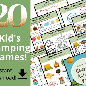 Peut inclure: Un lot imprimable color&eacute; de 20 jeux de camping pour enfants. Le lot comprend des jeux comme "Je vois, je vois", "Plut&ocirc;t que", "D&eacute;marreurs d'histoires de feu de camp", "Bingo de camping", "Chasse au camping", "Coloriage de camping" et "Chasse au tr&eacute;sor".