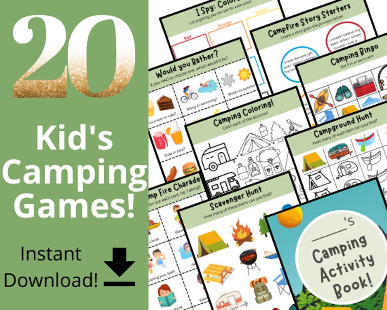 Peut inclure: Un lot imprimable color&eacute; de 20 jeux de camping pour enfants. Le lot comprend des jeux comme "Je vois, je vois", "Plut&ocirc;t que", "D&eacute;marreurs d'histoires de feu de camp", "Bingo de camping", "Chasse au camping", "Coloriage de camping" et "Chasse au tr&eacute;sor".