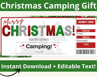 Christmas Camping Gift Ticket. Camp Gifts. Christmas Camper. Printable camping card. You're Going Camping! Surprise Camping Trip. Tent Gifts