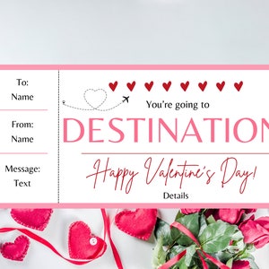 Valentijnsdag instapkaart. Afdrukbare instapkaart. Verrassingsvakantie. Verrassingsreis. Sjabloon voor instapkaarten. Verrassingsticket. Bewerkbaar