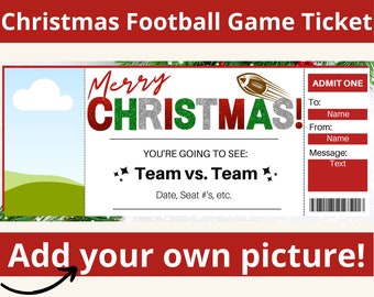 May include: A printable Christmas football game ticket with a red, green, and silver "Merry Christmas!" greeting. The ticket says "You're going to see: Team vs. Team" and has space for a date, seat numbers, and a message. The ticket also has a space for a name, a "To:" and "From:" section, and a message.