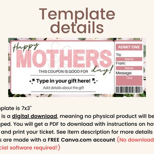 Mothers Day Coupon Printable. Mothers Day Ticket. Mothers Day Voucher. Mom Coupons. Coupon for Her. Coupon book for Mom. Mom gift card image 2