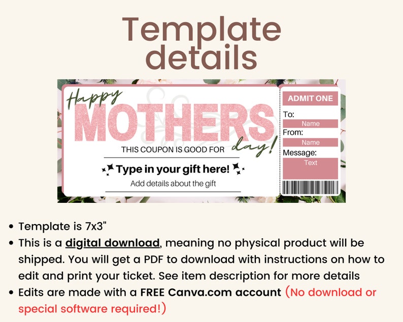 Mothers Day Coupon Printable. Mothers Day Ticket. Mothers Day Voucher. Mom Coupons. Coupon for Her. Coupon book for Mom. Mom gift card image 2