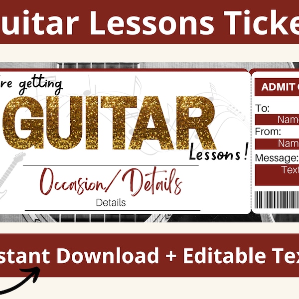 Guitar Lessons Gift Certificate. Guitar Lessons Gift. Printable Gift Voucher. Editable Ticket Gift. Ticket Template. Guitar Gift. Music gift