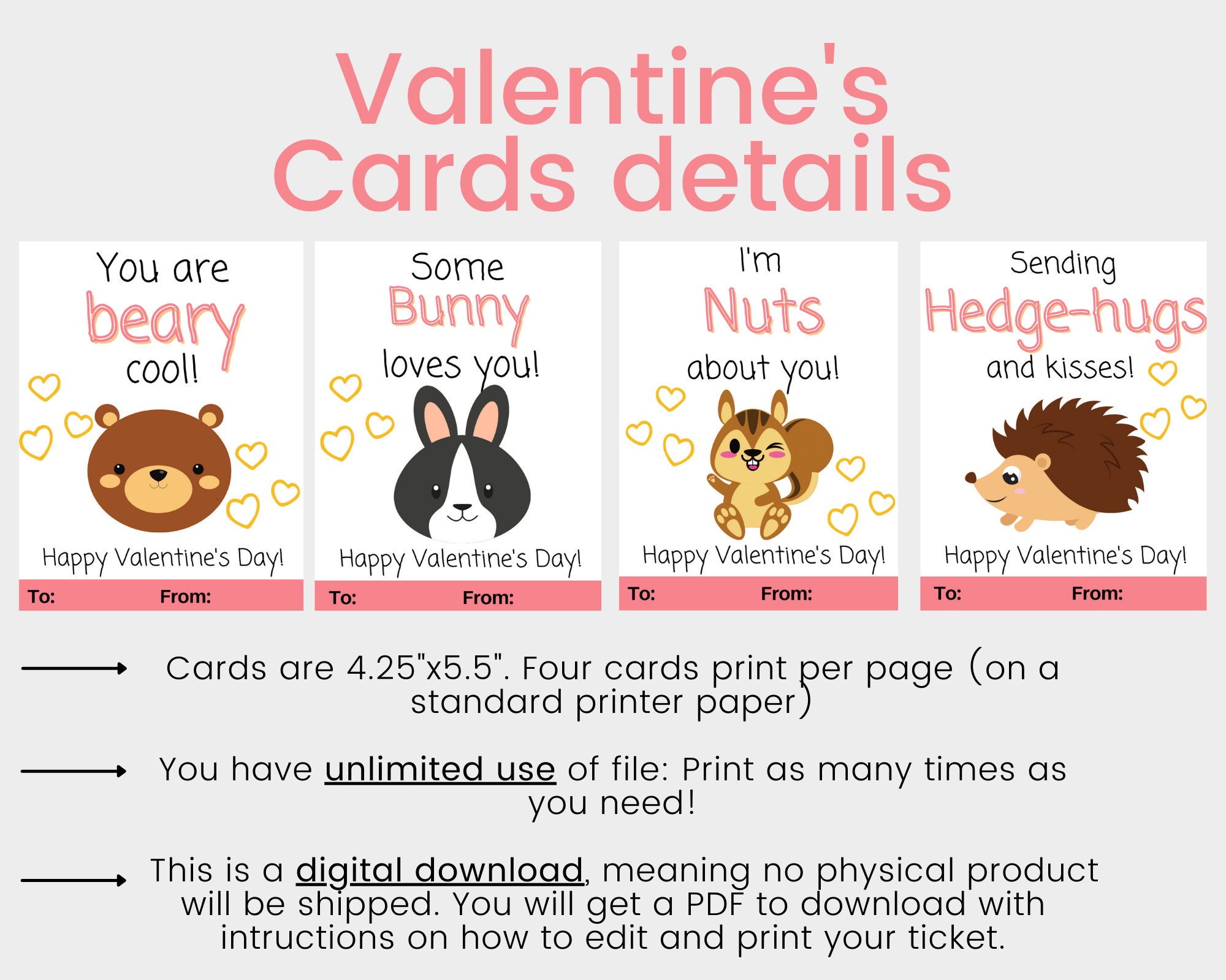 Printable Animal Valentines. Printable Valentine Cards for - Etsy