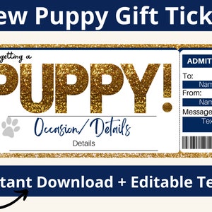 Novo vale-presente para cachorrinho. Novo presente para cachorro. Surpresa do cachorrinho. Certificado de filhote de cachorro. Novo bilhete de presente para animais de estimação. Cupom para impressão. Voucher editável.