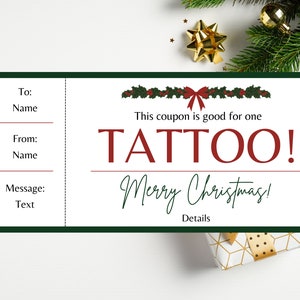 Plantilla de certificado de regalo de tatuaje navideño. Boleto de tatuaje. Tarjeta de regalo de tatuaje. Vale de tatuaje. Certificado de tatuaje. Cupón de tatuaje