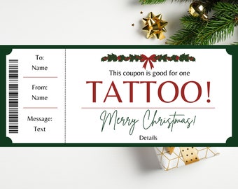 Christmas Tattoo Gift Certificate Template. Tattoo Ticket. Tattoo Gift Card. Tattoo Voucher. Tattoo Certificate. Tattoo Coupon