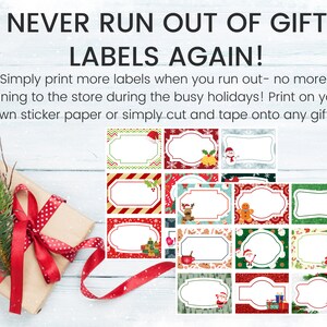May include: Printable Christmas gift tags with various festive designs. The tags feature images of Santa Claus, reindeer, snowmen, gingerbread men, and other holiday icons. The text "NEVER RUN OUT OF GIFT LABELS AGAIN!" is displayed at the top of the image.