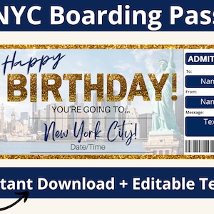 New York City Boarding Pass. NYC Ticket. Birthday Boarding Pass. Boarding Pass Template. Surprise Vacation. Surprise Trip.Printable Editable