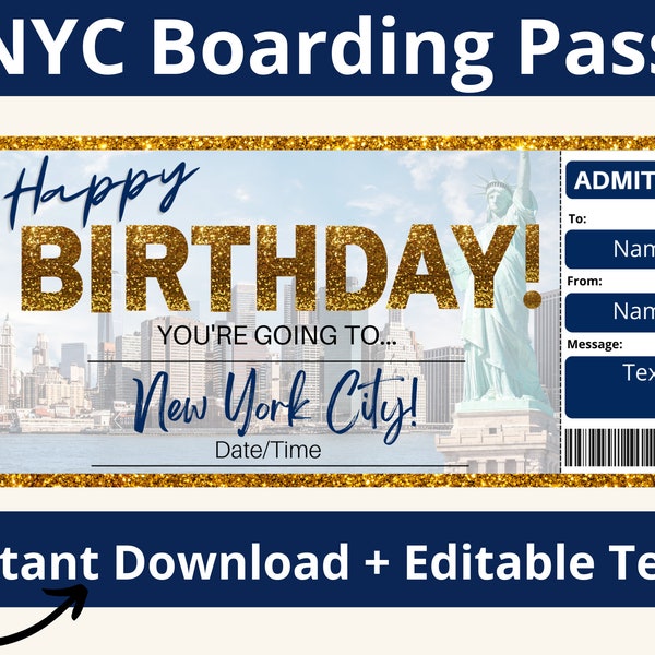 New York City Boarding Pass. NYC Ticket. Birthday Boarding Pass. Boarding Pass Template. Surprise Vacation. Surprise Trip.Printable Editable