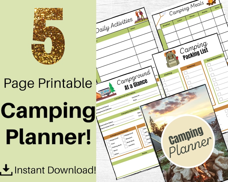 Camping Planner Printable, Campground Journal Camp Planner, Camping Itinerary Packing List Meal Planner, RV Planner, Instant Download PDF image 1