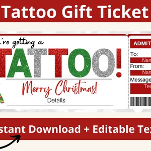 Weihnachts-Tattoo-Geschenkgutschein. Tattoo-Karte. Tattoo-Geschenk. Tattoo Gutschein. Tattoo Zertifikat. Tattoo Coupon. Bearbeitbares Ticket.