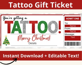 Christmas Tattoo Gift Certificate. Tattoo Ticket. Tattoo Gift Card. Tattoo Voucher. Tattoo Certificate. Tattoo Coupon. Editable Ticket.