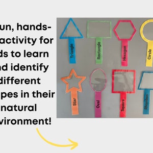 May include: A set of colorful, transparent shape outlines with labels for a hands-on learning activity. The shapes include a triangle, rectangle, hexagon, circle, star, oval, square, and rhombus.