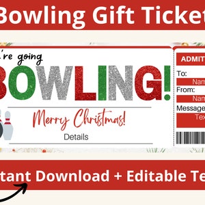 Presente de boliche de Natal. Certificado de boliche. Presentes de boliche para mulheres. Voucher de boliche.Tag de presente de boliche. Dia do Boliche. Convite para Boliche. Editável