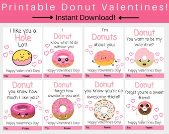 Donut Valentine Cards. Donut Valentine's Day. Donut Valentines. Printable Valentine Cards for Kids. Printable Valentines Day Cards. Kids