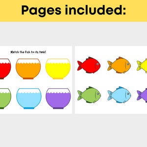以下が含まれることがあります： 「Match the fish to its tank!」というテキストと、6匹のカラフルな魚と6つの水槽が書かれた印刷可能なワークシート。魚は赤、オレンジ、黄色、緑、青、紫です。水槽は魚と同じ色です。